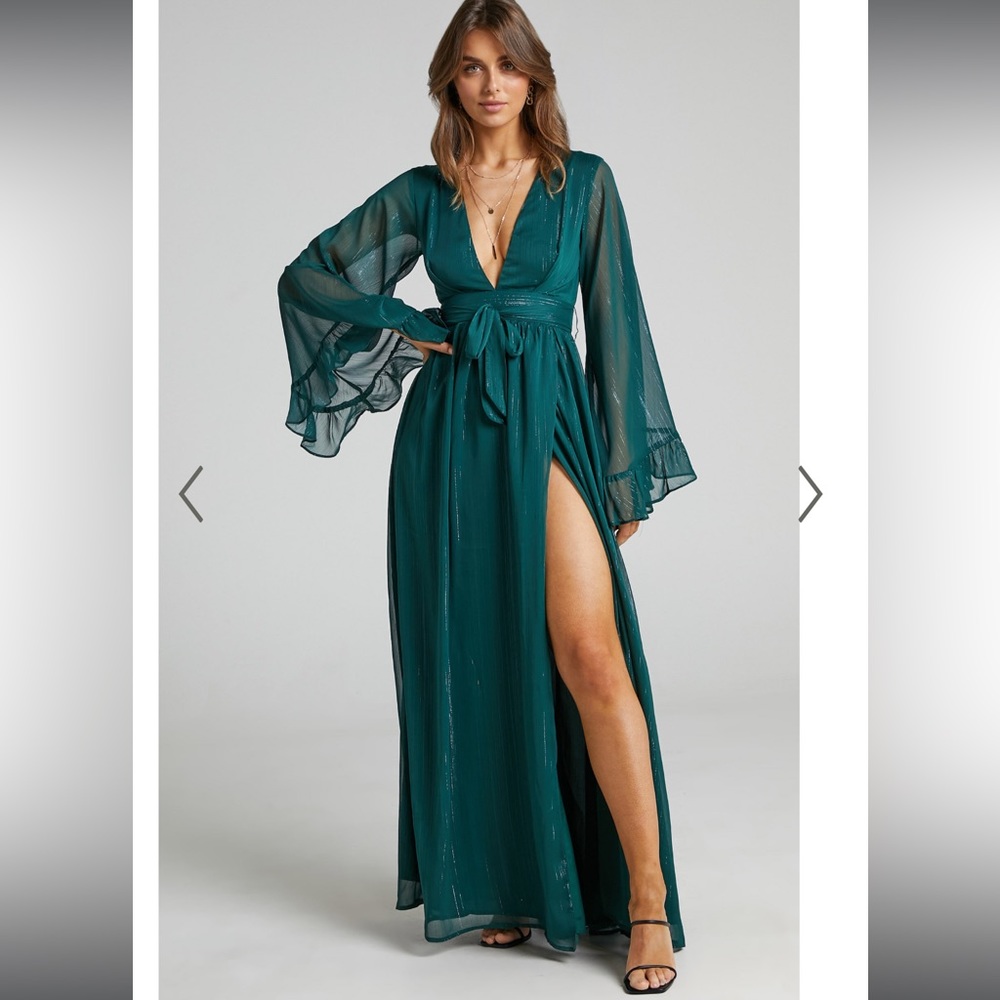 SHOWPO DANGEROUS WOMAN MAXI DRESS - PLUNGE THIGH SPLIT DRESS IN EMERALD 10